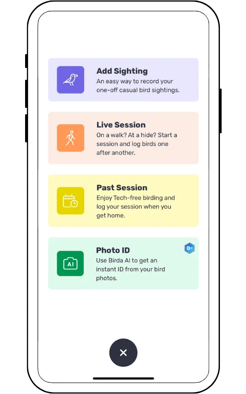 A mobile app screen displaying options for bird sightings, live and past sessions, and bird photo ID features.