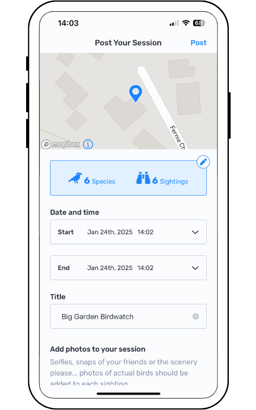 Birdwatching app screenshot showing the session log screen.